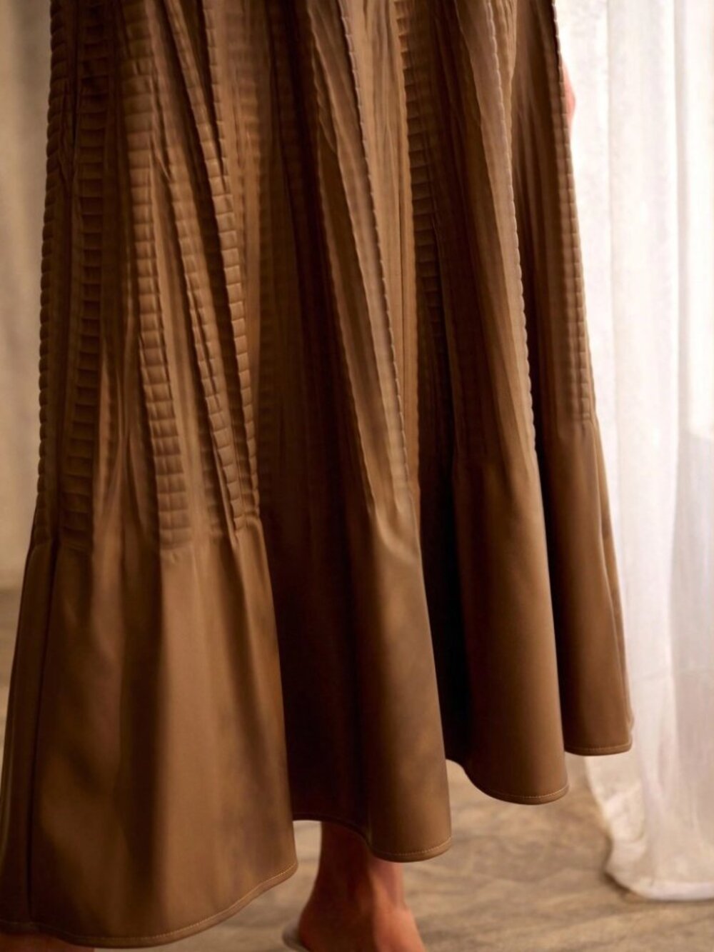 Brown Faux Leather Crinkled Pleated Elastic Waist A-Line Maxi Skirt - Picture 7 of 7
